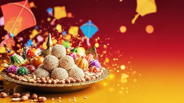 Makar Sankranti banner video, brass thali with sesame sweets, peanuts, and festive items glowing with soft warm reflections