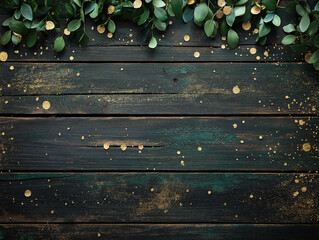 Green and Gold Party Confetti Scattered on Wooden Surface