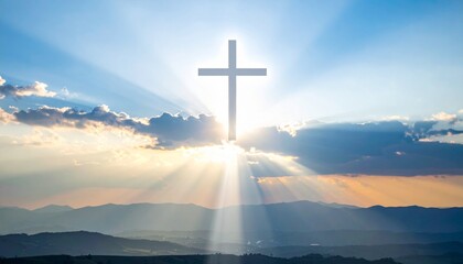 The Risen Light. Where light itself forms the shape of a cross, radiating powerfully from behind a cloud formation in a dramatic sky.
