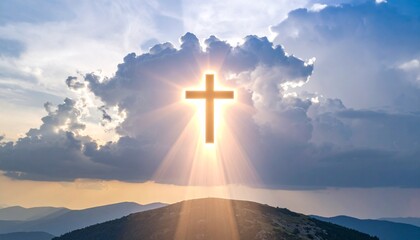 The Risen Light. Where light itself forms the shape of a cross, radiating powerfully from behind a cloud formation in a dramatic sky.
