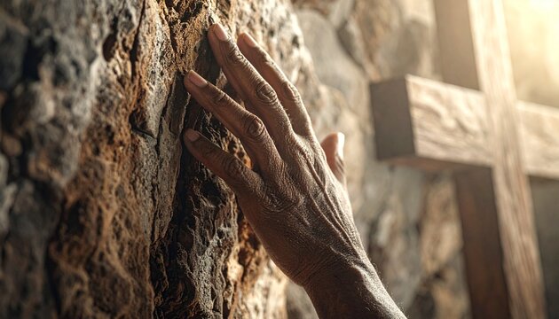 The Hand of Faith. An ultra-realistic, close-up photograph of a hand (unidentifiable gender/ethnicity) gently touching the rough, wooden surface of a cross.
- Powered by Adobe