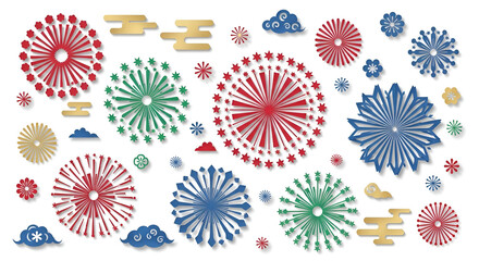 Colorful Fireworks Display with Red Blue Green and Gold Elements on White Background