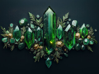 Dark Background Featuring Green Gemstones and Gold Nuggets in Symmetry