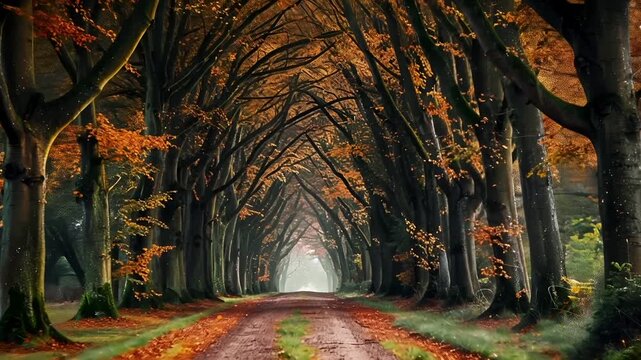 A picturesque autumnal forest scene with a winding dirt road. The trees are adorned with vibrant shades of orange, yellow, and brown, creating a warm and inviting atmosphere.