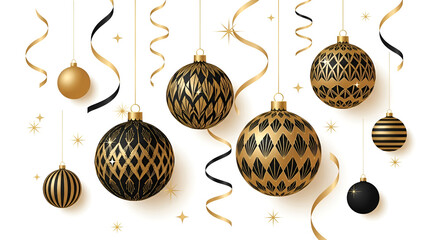 Elegant Black Gold Christmas Ornaments Hanging with Ribbons and Sparkles for Holiday Celebration