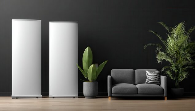 Two blank rollup banners, sofa, and plants in a modern room