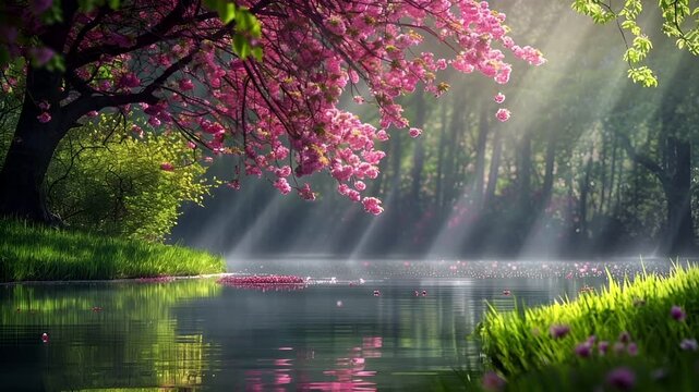 A vivid, naturethemed digital artwork featuring a blooming cherry blossom tree in full bloom against a backdrop of a serene forest setting. The trees branches are adorned with pink blossoms.