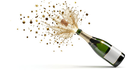 Champagne Bottle Exploding with Gold Confetti and Streamers in Midair Celebration Scene