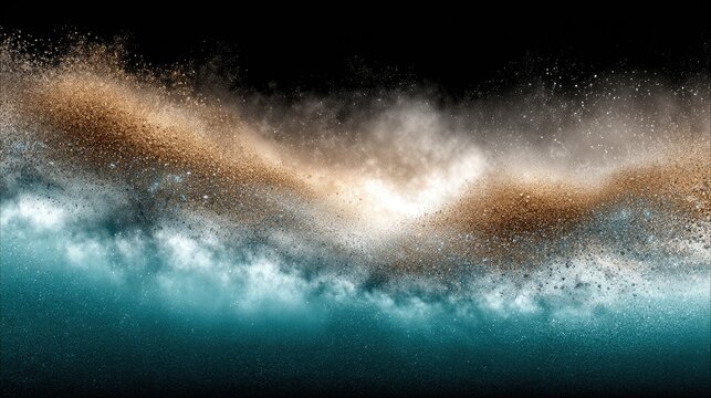 A dynamic, abstract composition featuring a swirling cloud of golden sand particles and white smoke erupting against a deep black background, with a turquoise-c