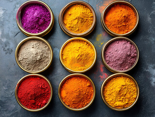 A Top-Down Composition of Holi Powders in Brass Containers