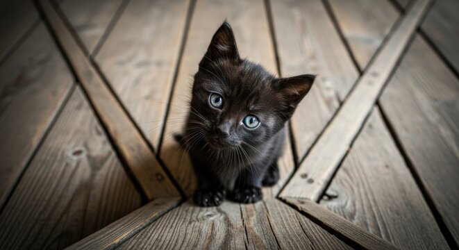 Close up of a black kitten with blue eyes sitting on a wooden surface looking up at the camera - Powered by Adobe