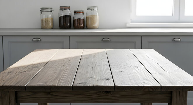 Empty rustic wooden table in the foreground with sunlight casting shadows, set against a bright modern kitchen counter featuring glass jars filled with dry food ingredients near a window
