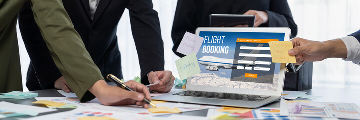 Analyst team use sticky note for creative and analytic brainstorm for business idea with BI data dashboard on laptop screen. Analysis financial data visualization tech for marketing strategy. Prodigy