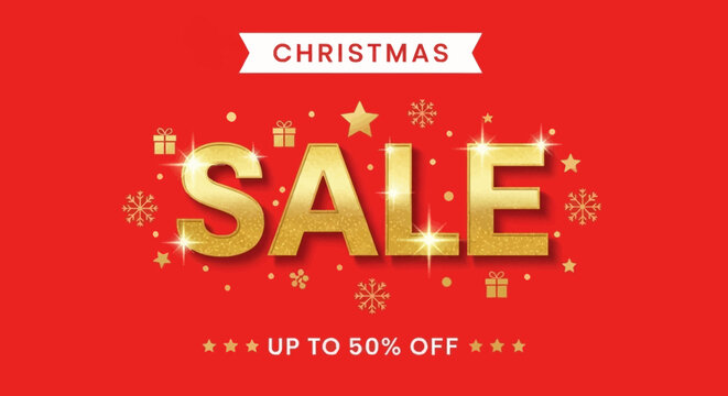 Christmas Sale Announcement: A festive banner with Christmas Sale displayed prominently, adorned with golden lettering, stars, snowflakes, and gift boxes on a vibrant red backdrop.