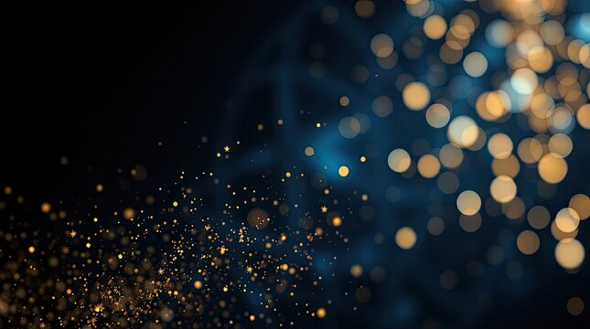 Dark Blue Abstract Background with Golden Glitter and Bokeh Lights