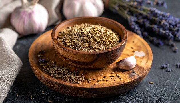 Aromatic cumin seeds freshly served with lavender and garlic photo