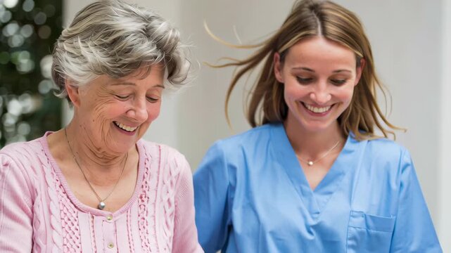 Elderly woman caregiver nurse smiling together walking garden patio with walker senior woman pink sweater blue scrubs warm supportive smile