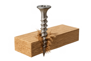 Screw fastening into wooden block, creating wood shavings, representing construction, carpentry, and diy projects on transparent background