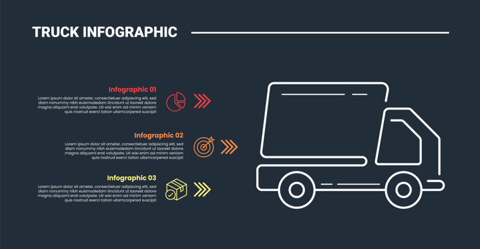 truck logistics transportation infographic process diagram with moving truck skew with arrow pointer dark background bright outline style 3 point