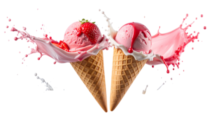 Strawberry Ice Cream Cone Splash Duo Motion Set – isolated on transparent background