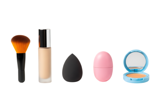 Collection of makeup tools and products isolated on transparent background