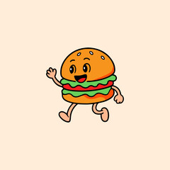 Retro Burger Mascot Clipart. Minimalist Happy Burger Illustration