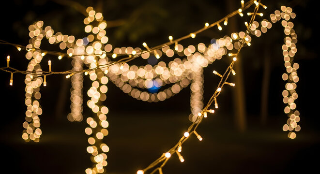 Closeup of warm white string lights creating a festive, glowing bokeh effect against a dark night background, perfect for holiday or celebration ambiance - Powered by Adobe
