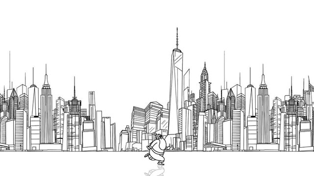 Looping animation of santa claus cartoon character running in front of a wide modern city skyline, featuring detailed skyscraper outlines. Concept of christmas and happy new year background.