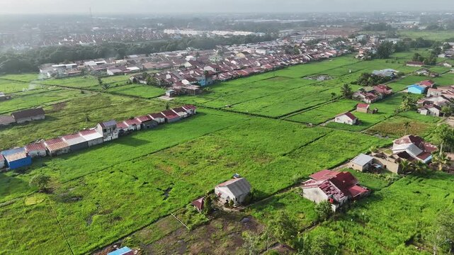 An aerial view showing bright green fields, neatly arranged plots of land, and rows of houses forming a tranquil rural community.