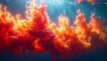 Vibrant orange dye swirling in clear water, creating an abstract underwater scene.
