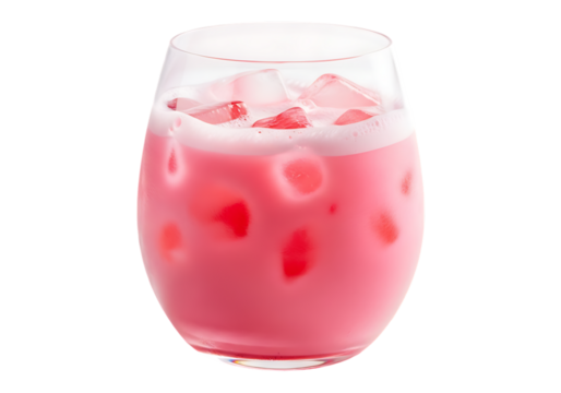 Pink strawberry drink with ice in a glass isolated on transparent background