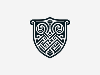 Intricate interwoven golden keys crest black vector logo with detailed heraldic shield for security company identity