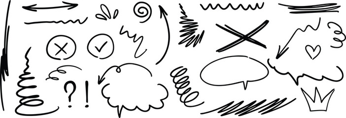 Hand-drawn doodle symbols and sketch accents for creative design. Fun arrows, bubbles, marks, and icons perfect for notes and illustrations. Playful marker-style elements for modern artwork.