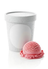 Delicious strawberry ice cream scoop next to a blank pint, perfect for branding, labels, packaging designs, and tempting dessert promotions