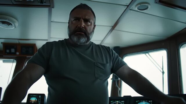 Serious middle-aged bearded captain steering a ship from the bridge wheelhouse