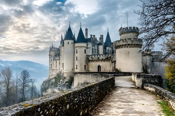 Fototapeta premium Majestic French medieval castle with turrets on a cliff overlooking a misty valley