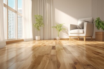 Bright living room with hardwood floors plants and a comfortable armchair near window