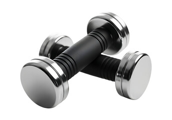 Pair of chrome dumbbells with black grips isolated on transparent background