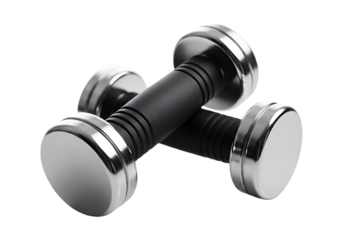 Pair of chrome dumbbells with black grips isolated on transparent background