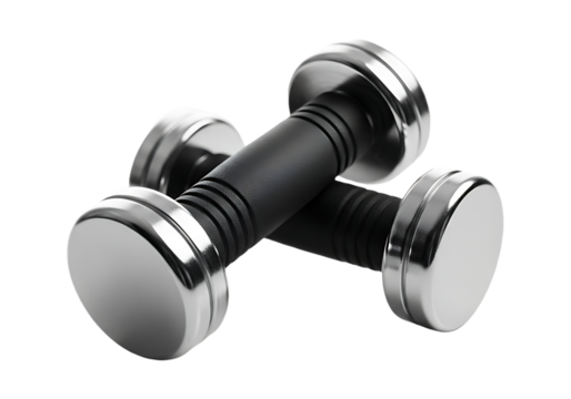Pair of chrome dumbbells with black grips isolated on transparent background
