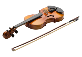 Antique violin and bow isolated on transparent background