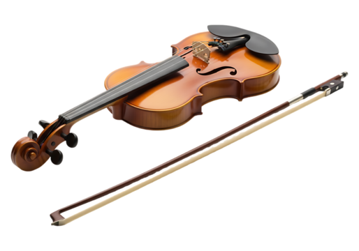 Antique violin and bow isolated on transparent background