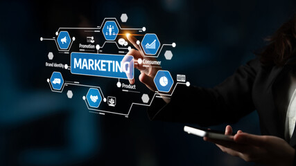 A contemporary marketing strategy illustration showcasing a person engaging with digital icons on a touchscreen in a modern technology-driven setting. Tessel