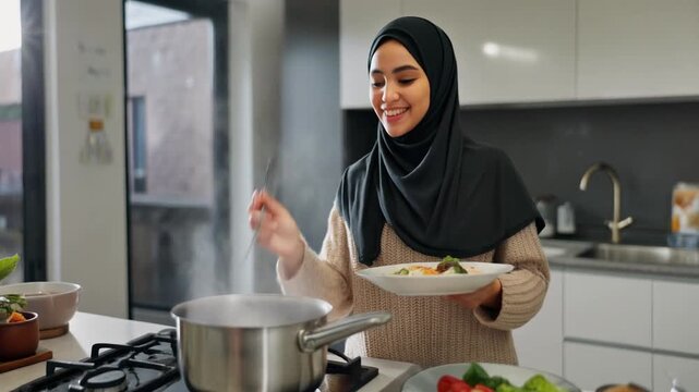 Woman in Hijab Cooking a Meal in Modern Kitchen Setting, Preparing Healthy Food