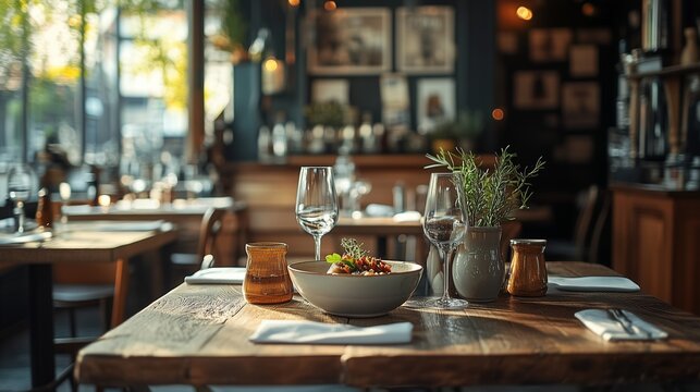 plating design in rustic restaurant with aged wood table, ceramic dish and soft retro tones, vintage film look