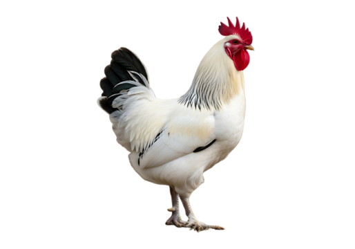 White rooster with black tail feathers isolated on transparent background