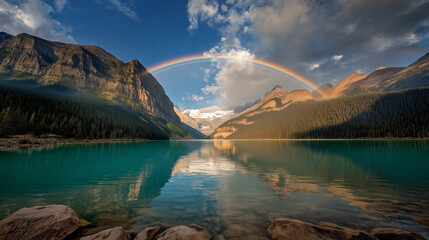 Vibrant rainbow reflection on scenic alpine lake