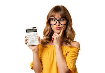 Young woman with glasses holding a calculator isolated on transparent background