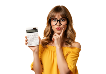 Young woman with glasses holding a calculator isolated on transparent background