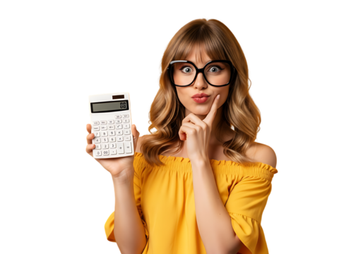 Young woman with glasses holding a calculator isolated on transparent background